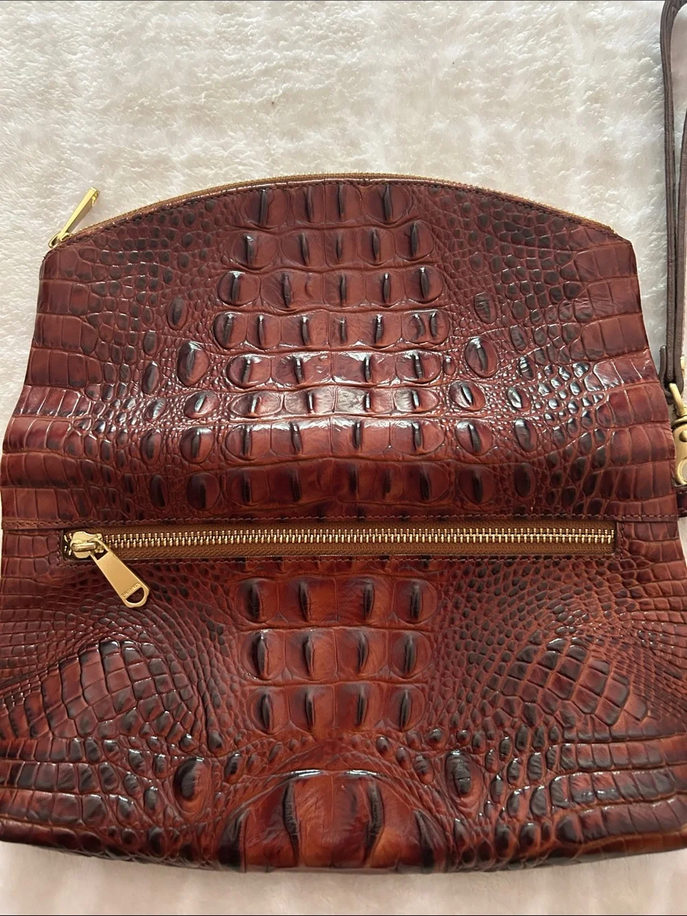 Brahmin Brown Croc-Embossed Leather Foldover Wristlet Clutch with Gold Hardware